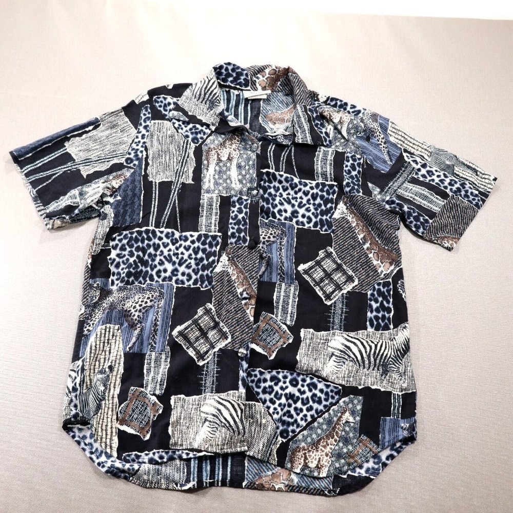 Vintage Patchwork Print Top Blouse Size 10 Rayon Safari Giraffe Leopard Print